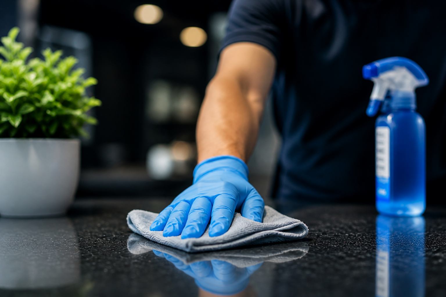 Nettoyage soigneux d’un plan de travail avec une microfibre
